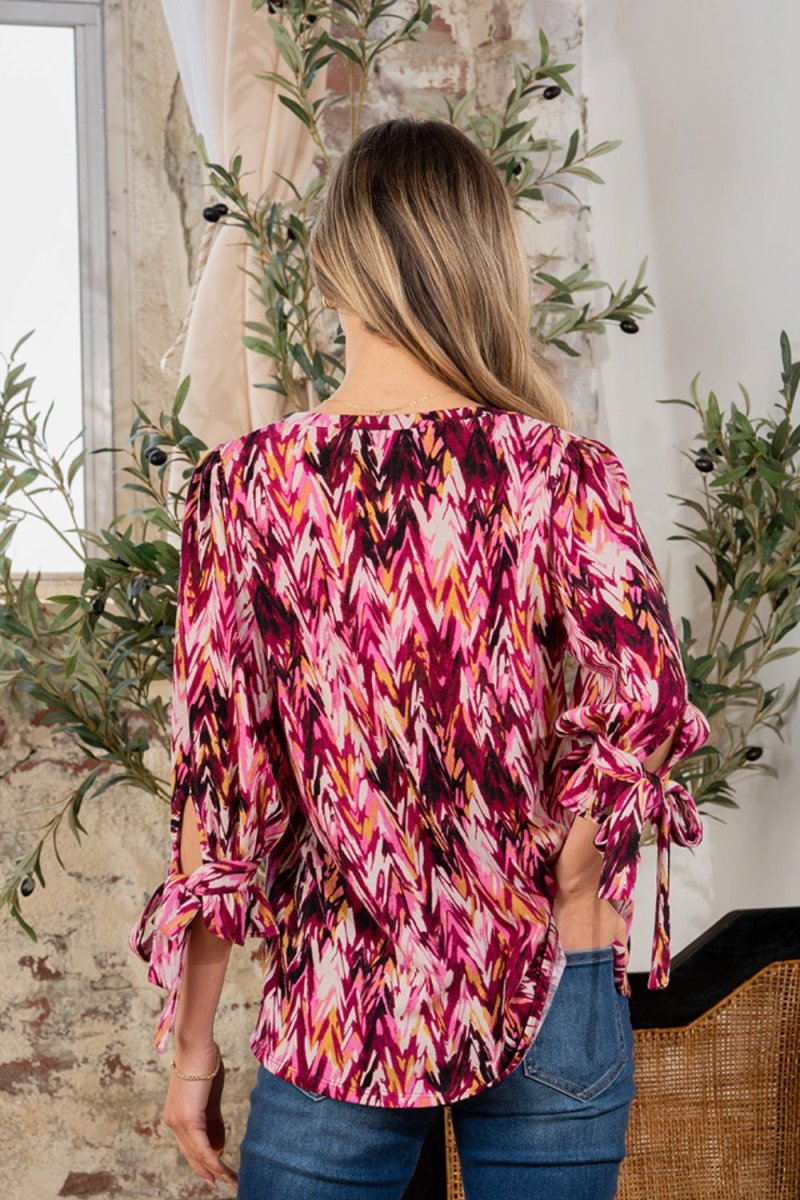 Sew In Love Full Size Printed V-Neck Blouse with Sleeve Knot - Love Salve